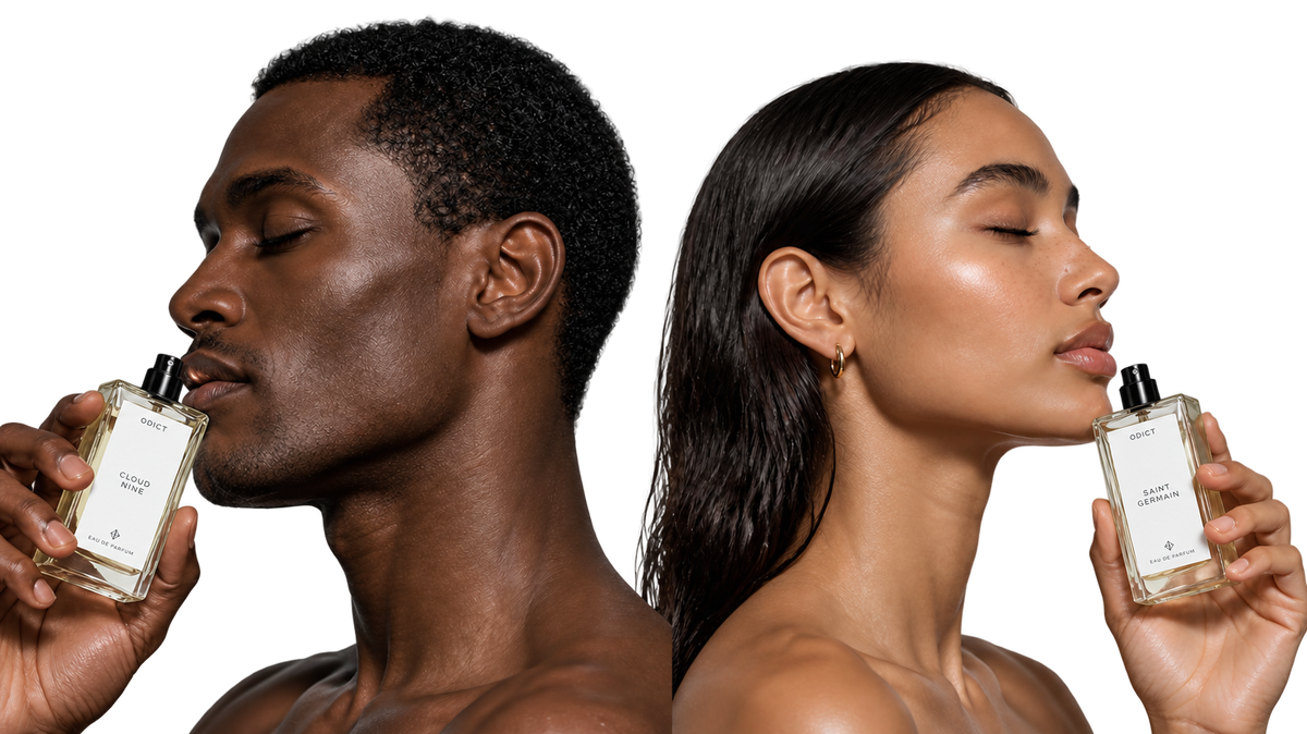 Two people holding ODICT fragrances with glossy black sprays